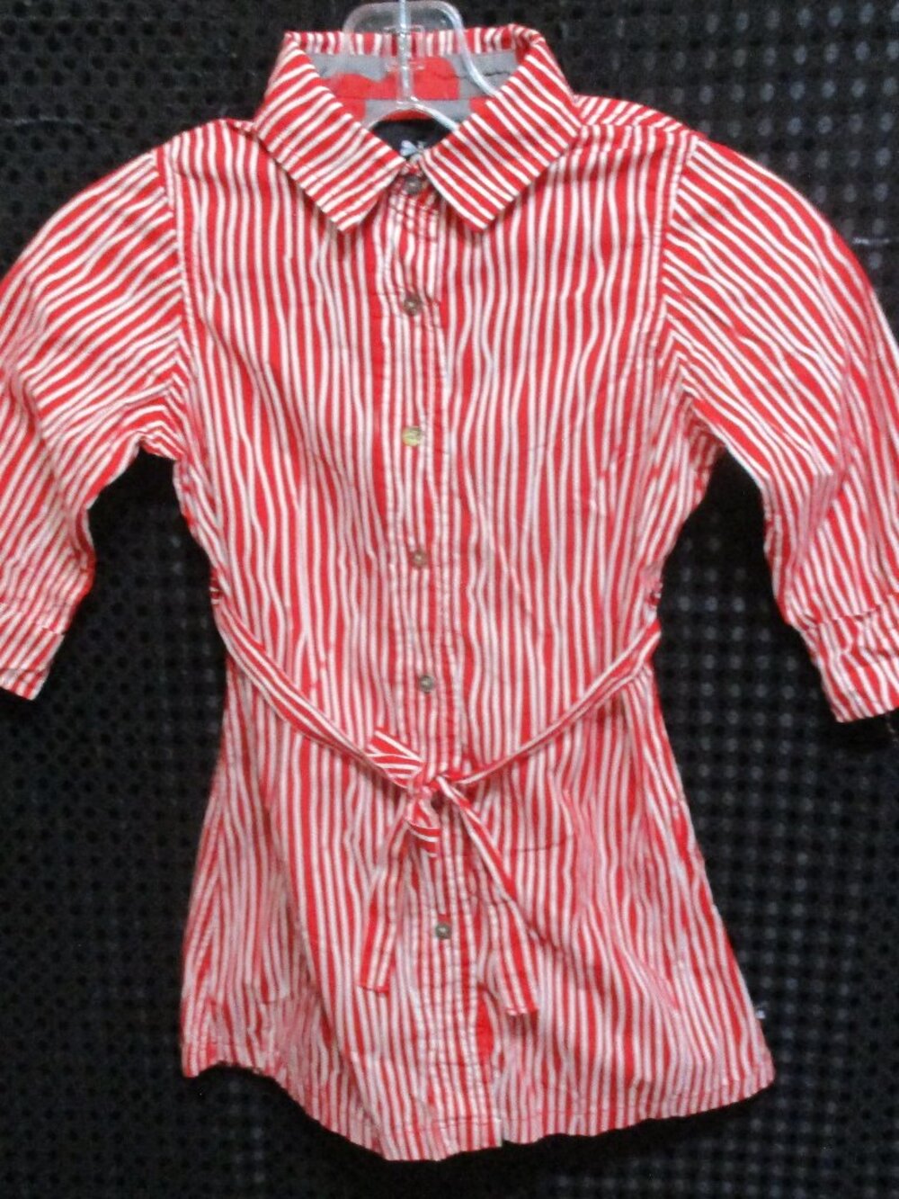 Llum Girl's Red & White Striped Collared & Belted Sleeved Shirt Dress  Sz. 5